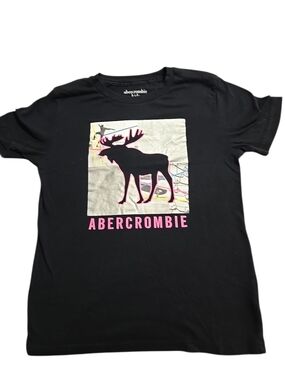 Y2K Abercrombie Black T-Shirt with Pink Neon Accent Moose, Sz 9/10